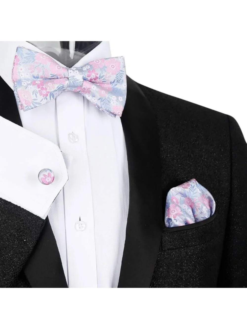 Floral Pattern 3-Piece Men's Bow Tie Set with Pocket Square & Cufflinks